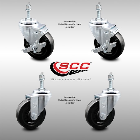 Service Caster 4 Inch SS Hard Rubber Wheel Swivel 3/8 Inch Threaded Stem Caster Brakes, 2PK SCC-SSTS20S414-HRS-381615-2-TLB-2